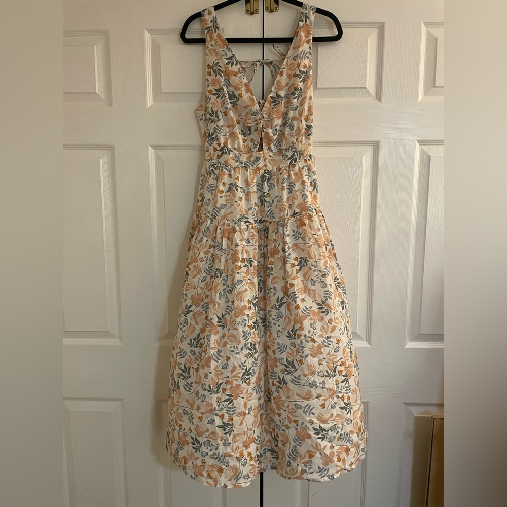 Joie Floral Midi Dress in Cream with Peach and Sage Leaves